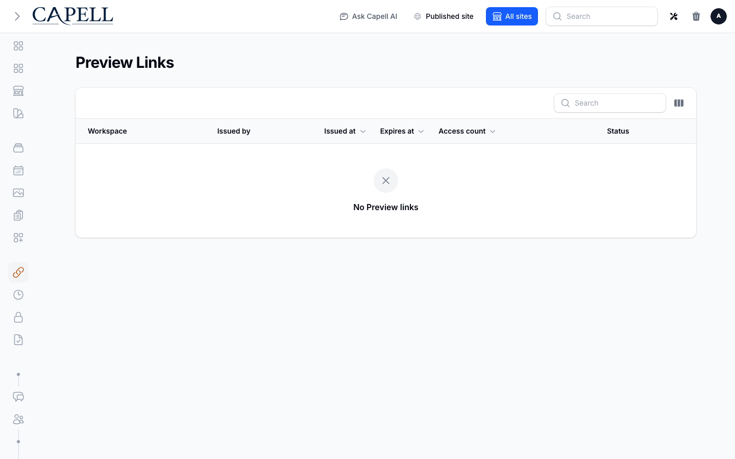 An editor manages issued preview links, expiry, revocation, last access, and access count.