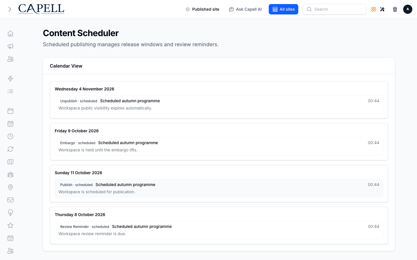 An editor schedules release timing and reviews queue state for future publication.