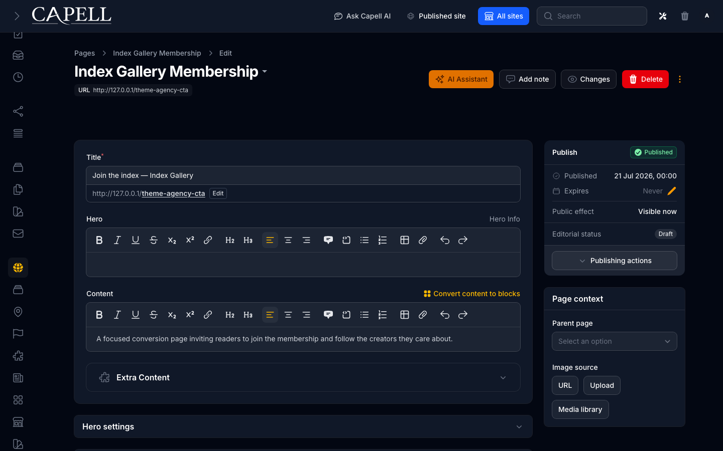 An editor edits page-level metadata, canonical state, social metadata, and SEO checks.