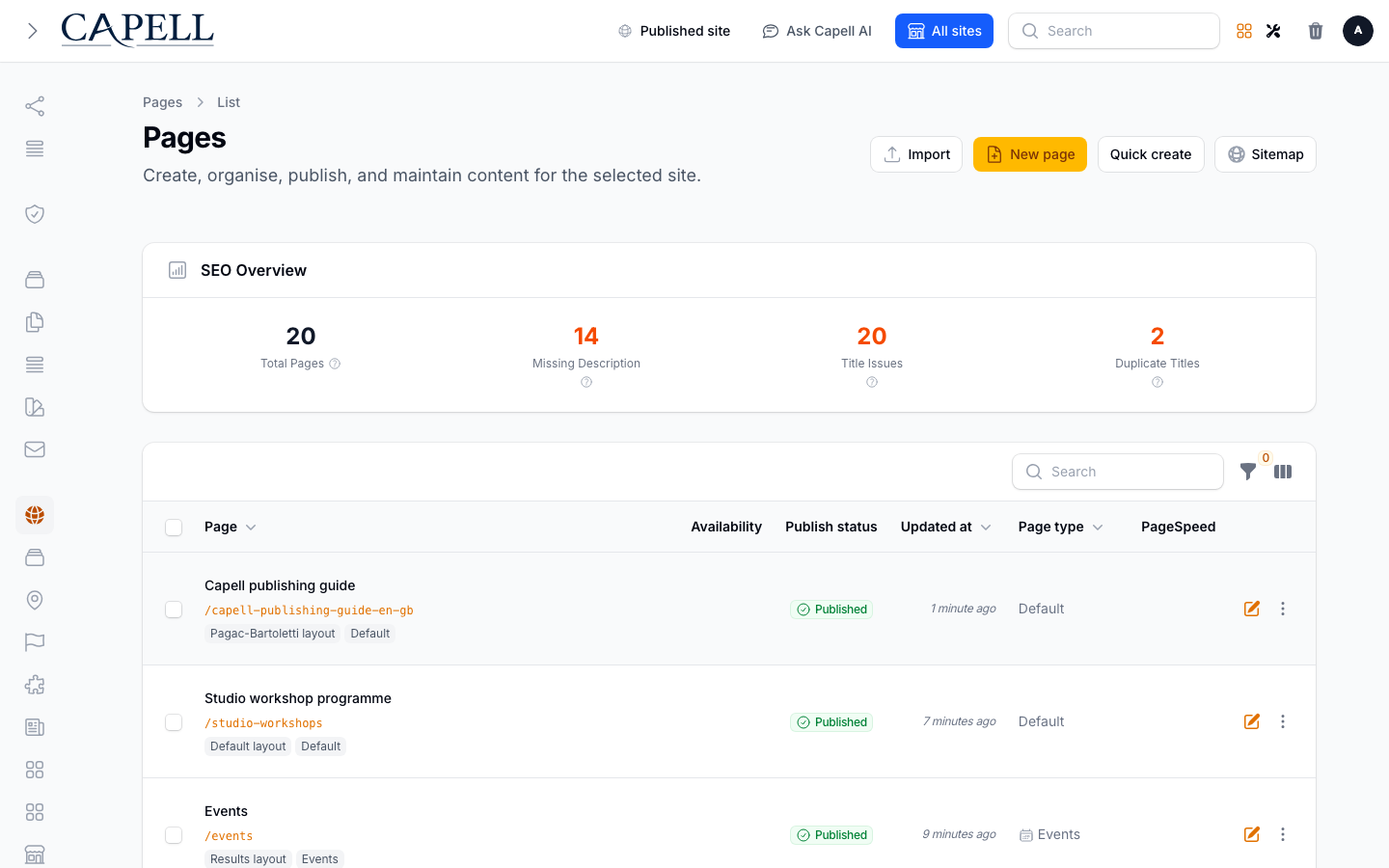 An editor uses the package-added sitemap action on the core Pages resource.