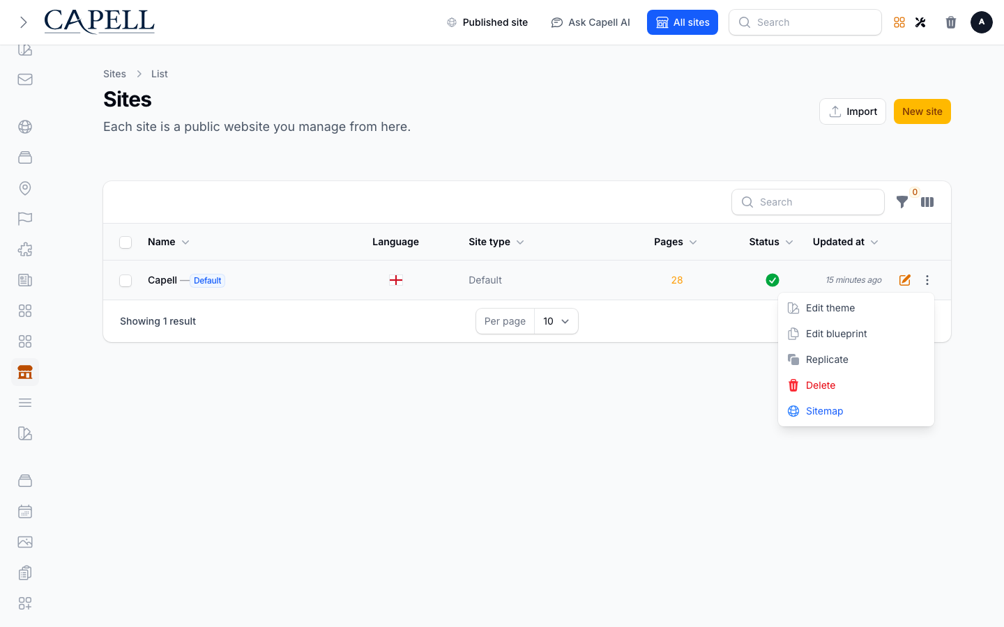 An editor uses the package-added sitemap action on the core Sites resource.