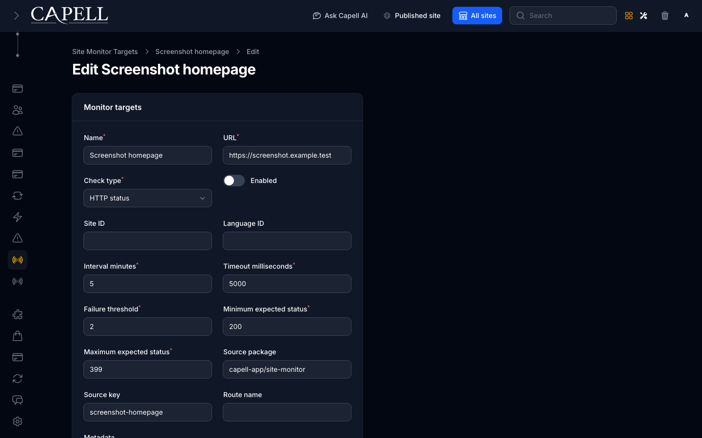 Site Monitor target form