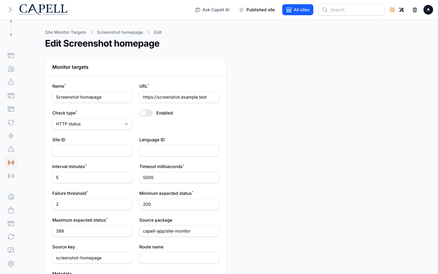 Site Monitor target form