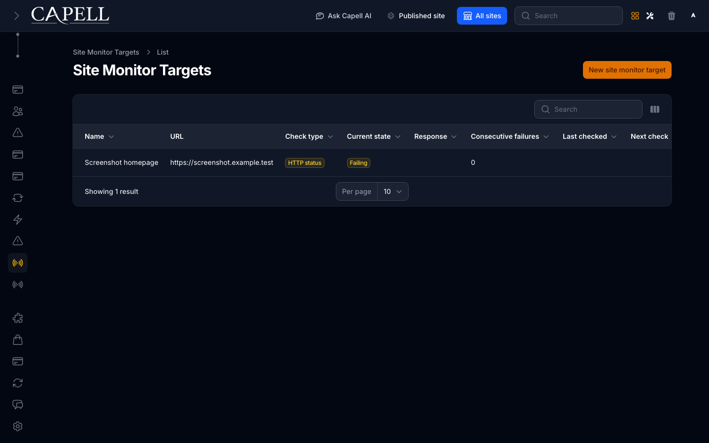 Site Monitor targets index
