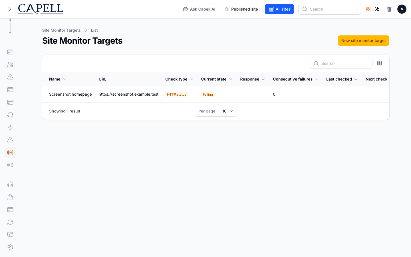 Site Monitor targets index