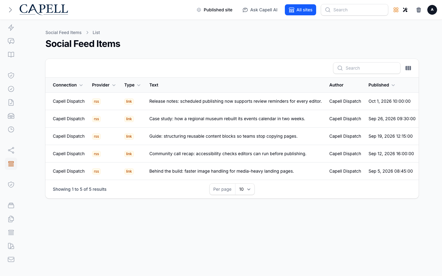 An administrator verifies an RSS feed is connected and producing cached social feed items.