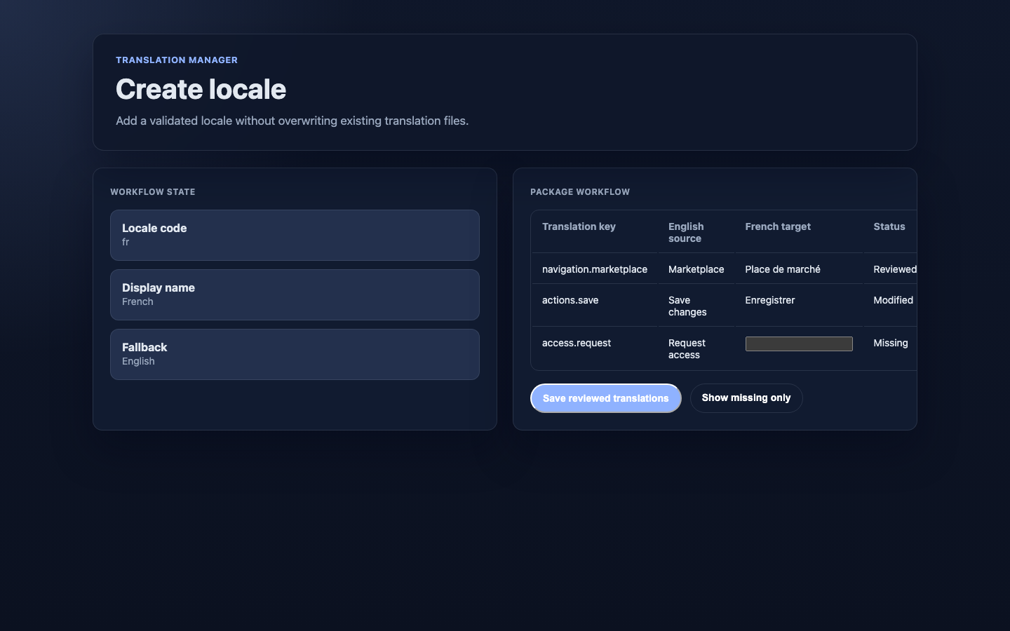 A translator opens the Create locale action to add a new target locale.