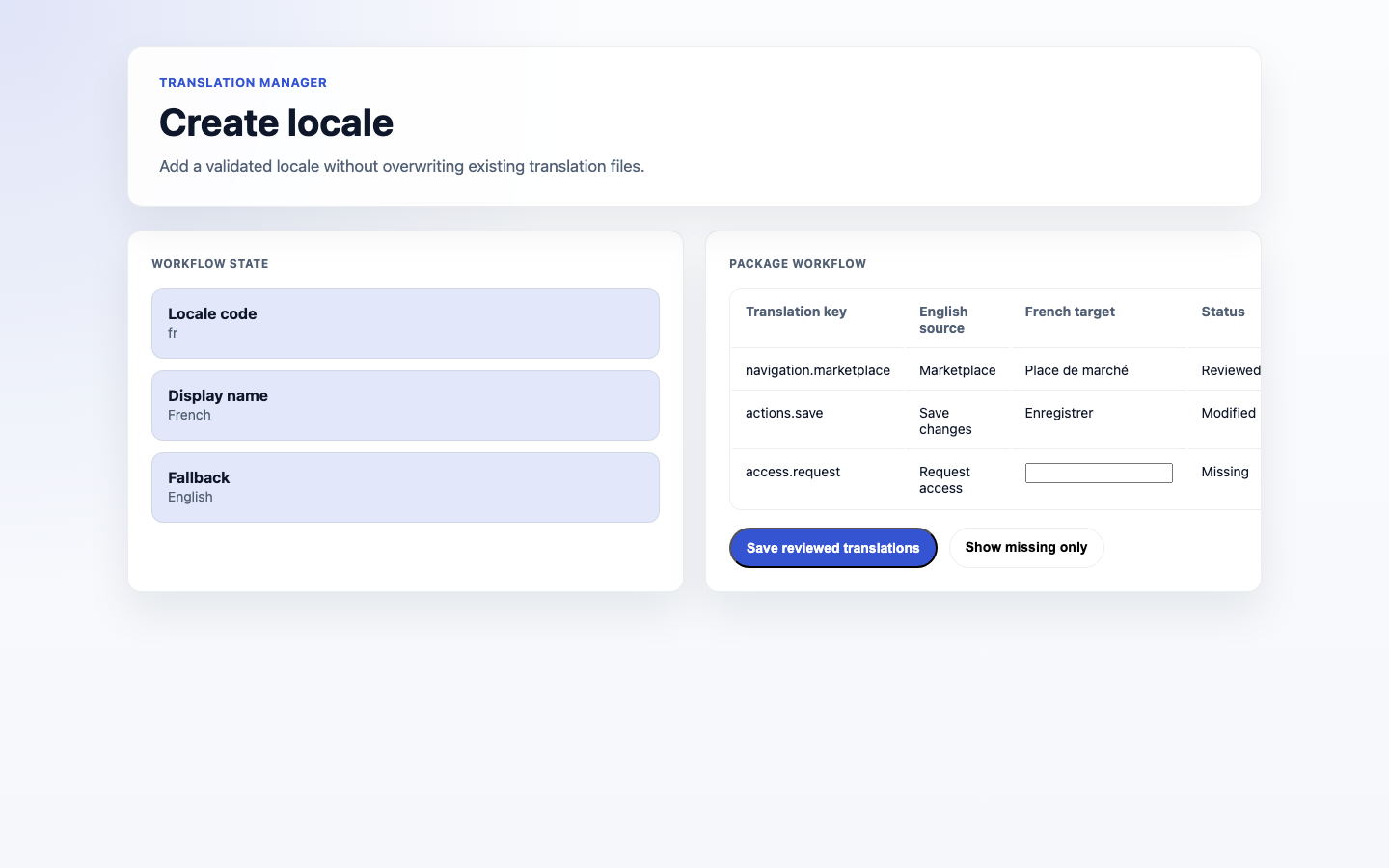 A translator opens the Create locale action to add a new target locale.