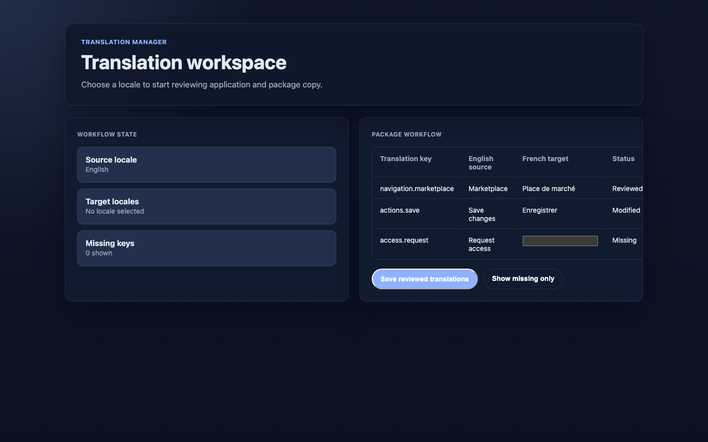 Translation Manager page with source, locale, file, and filter selectors in the no-results state
