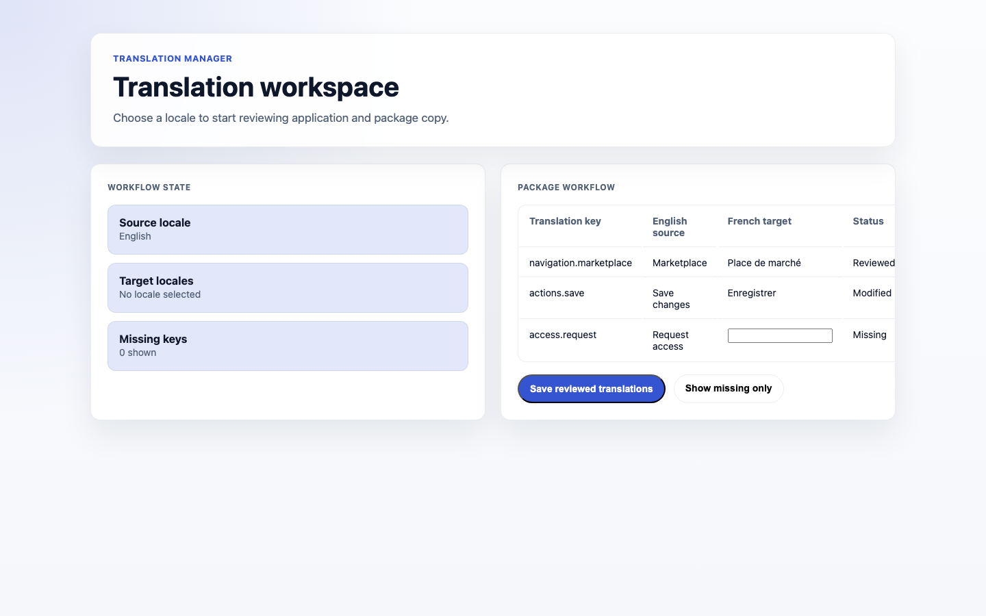 Translation Manager page with source, locale, file, and filter selectors in the no-results state