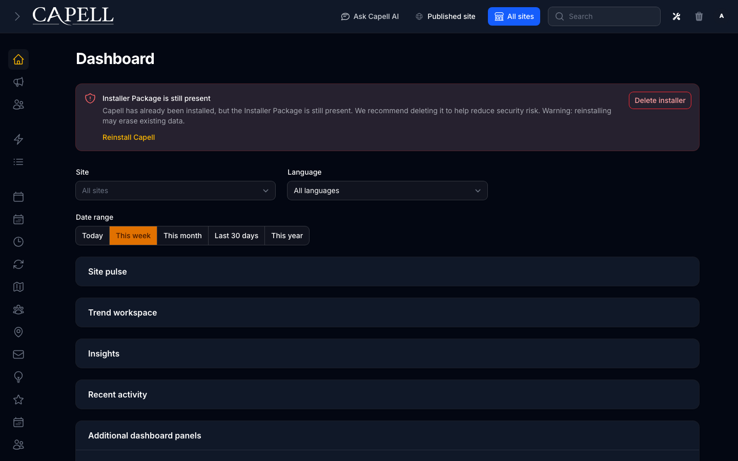 Admin dashboard with the Welcome Tour onboarding checklist