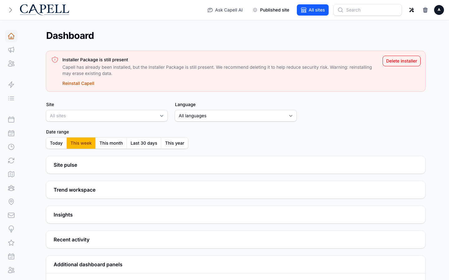 Admin dashboard with the Welcome Tour onboarding checklist