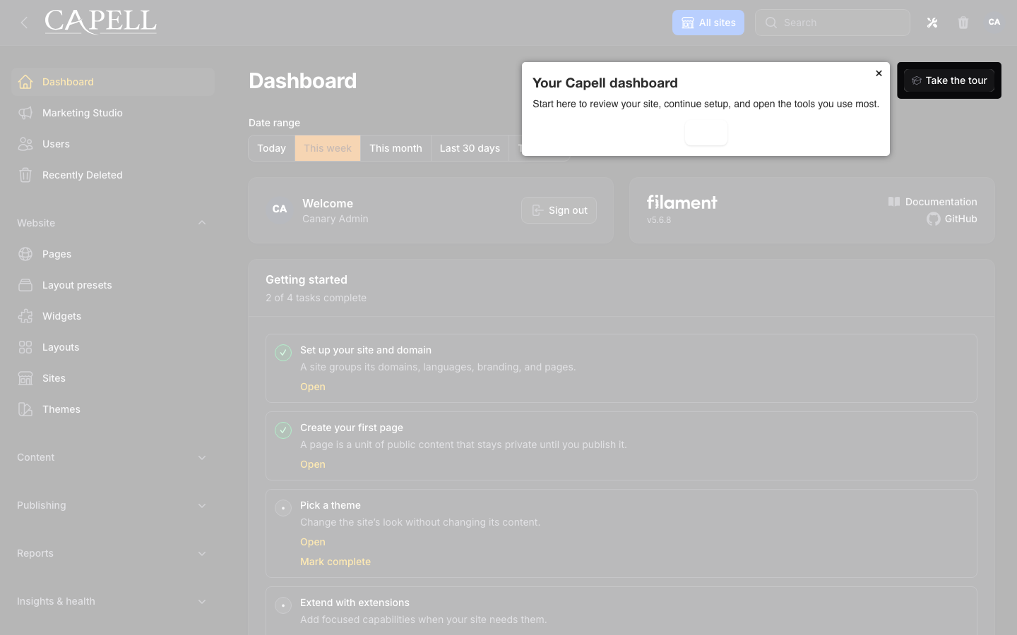 Welcome tour overlay showing the first configured onboarding step