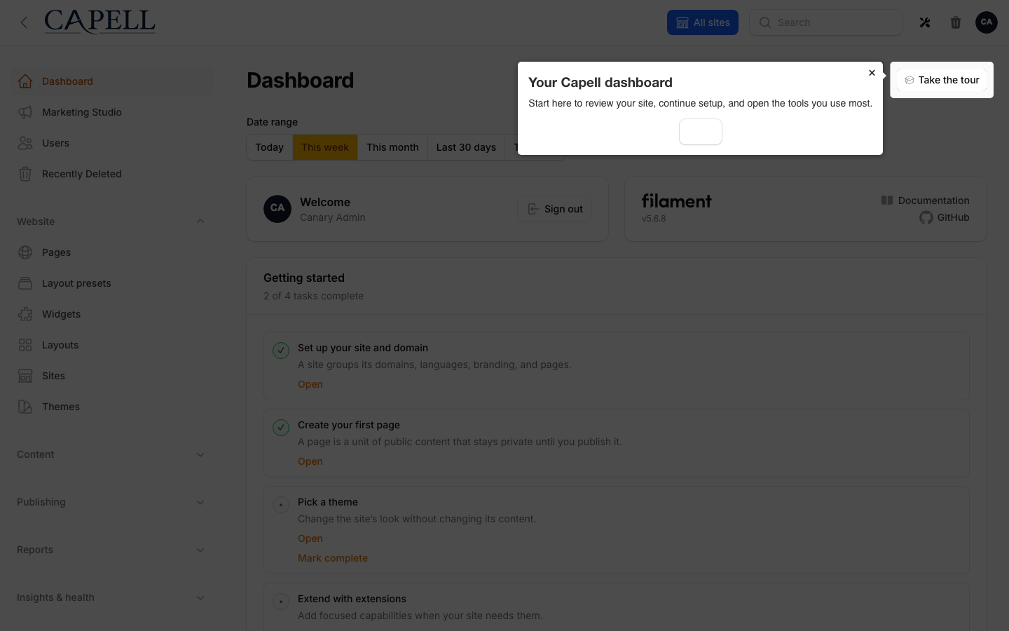 Welcome tour overlay showing the first configured onboarding step