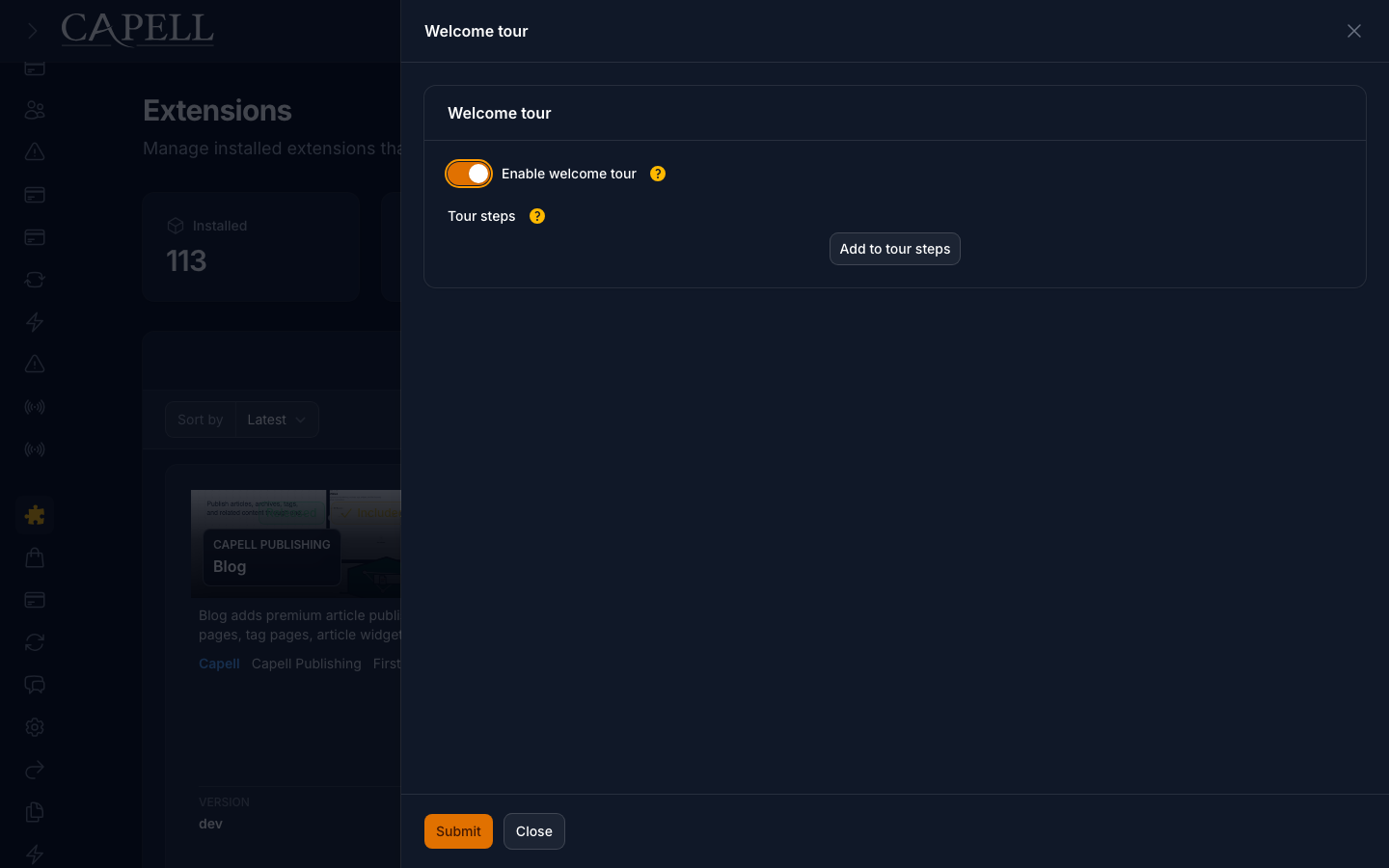 A site owner configures the enabled state and tour steps from the extension management surface.