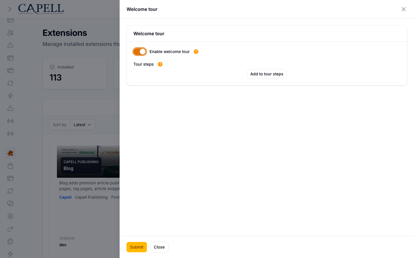 A site owner configures the enabled state and tour steps from the extension management surface.