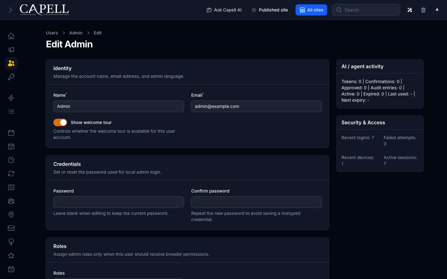 An administrator toggles whether a user should see the welcome tour again from the user edit form.