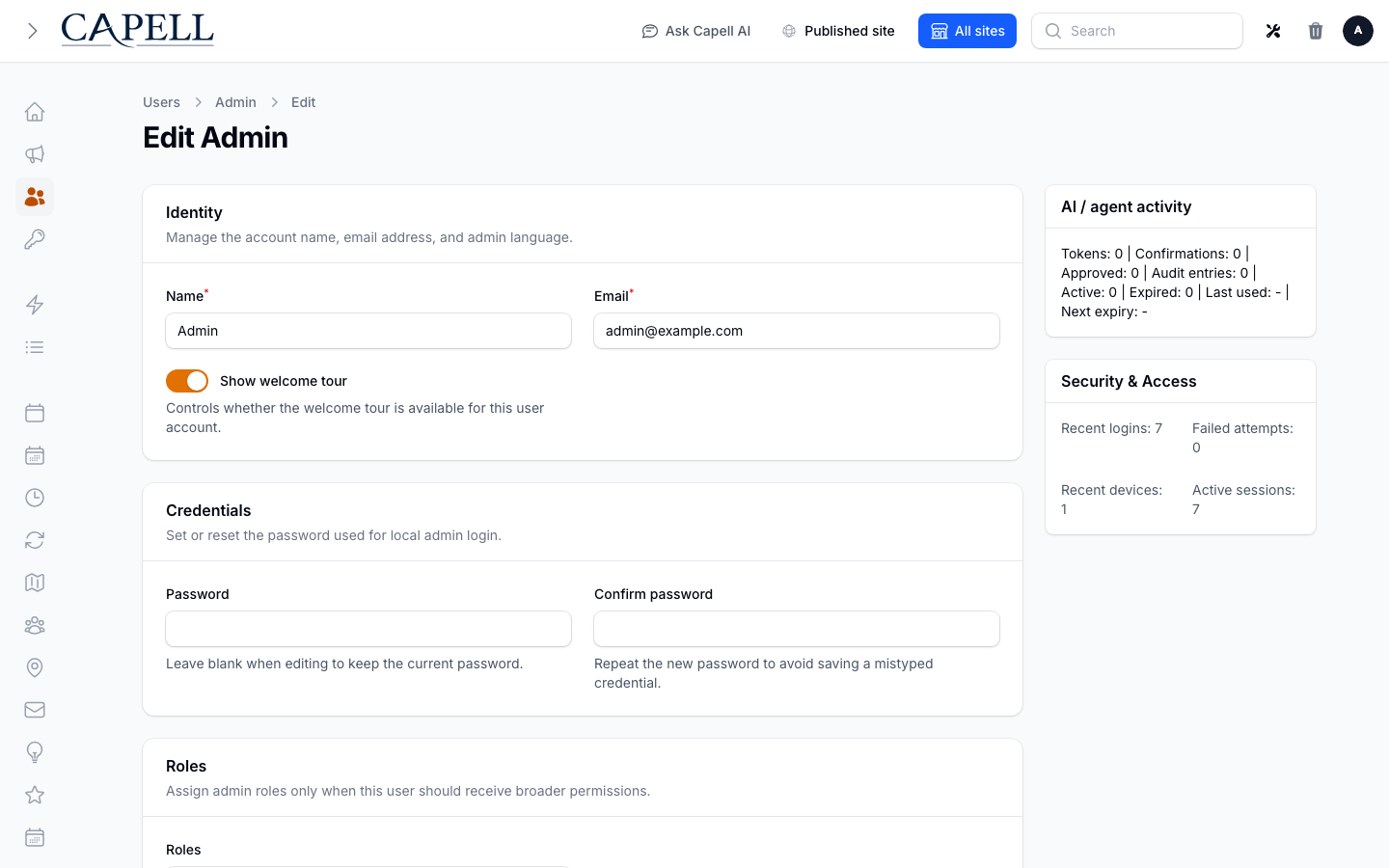 An administrator toggles whether a user should see the welcome tour again from the user edit form.