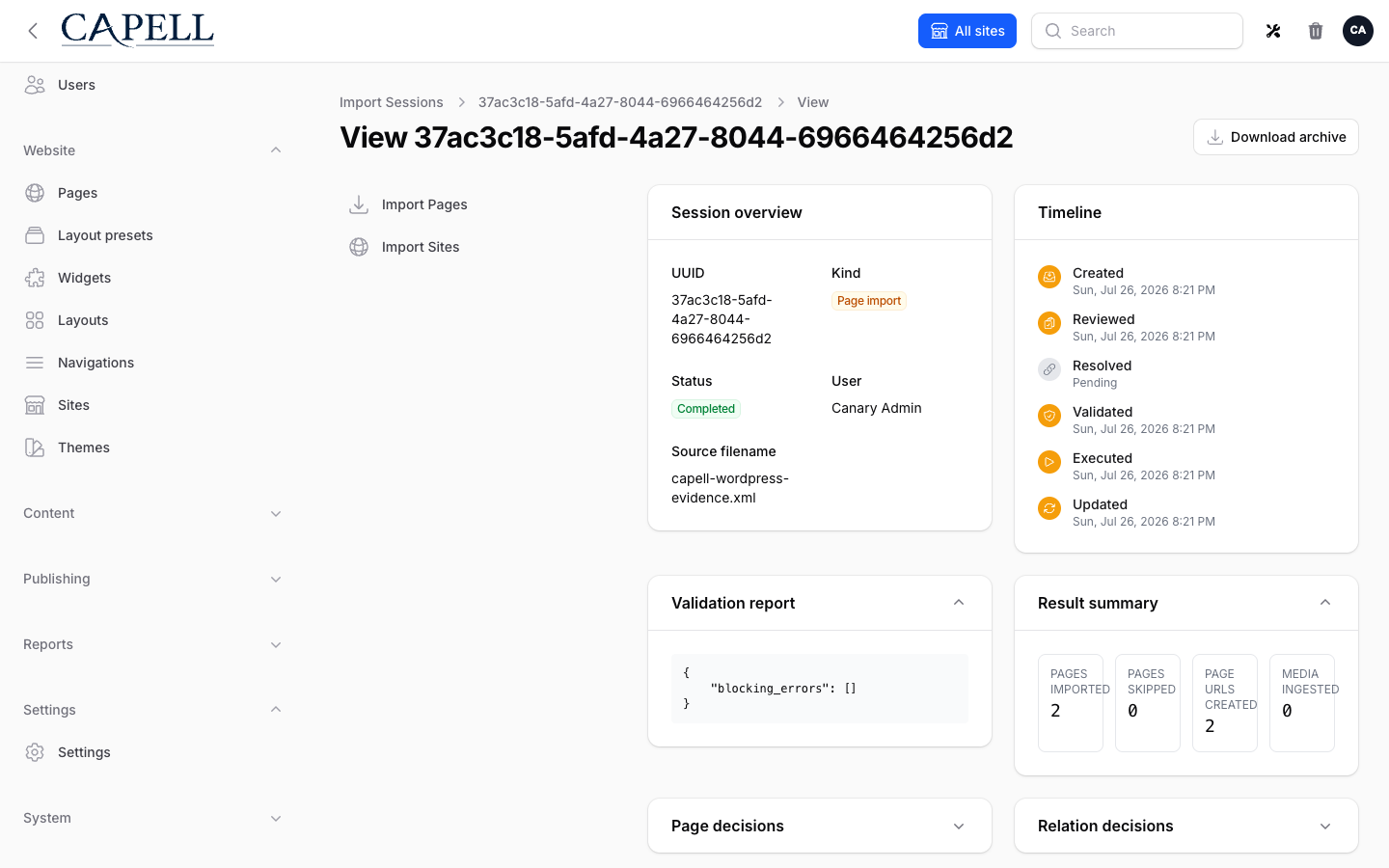 Import session detail for a WordPress WXR import